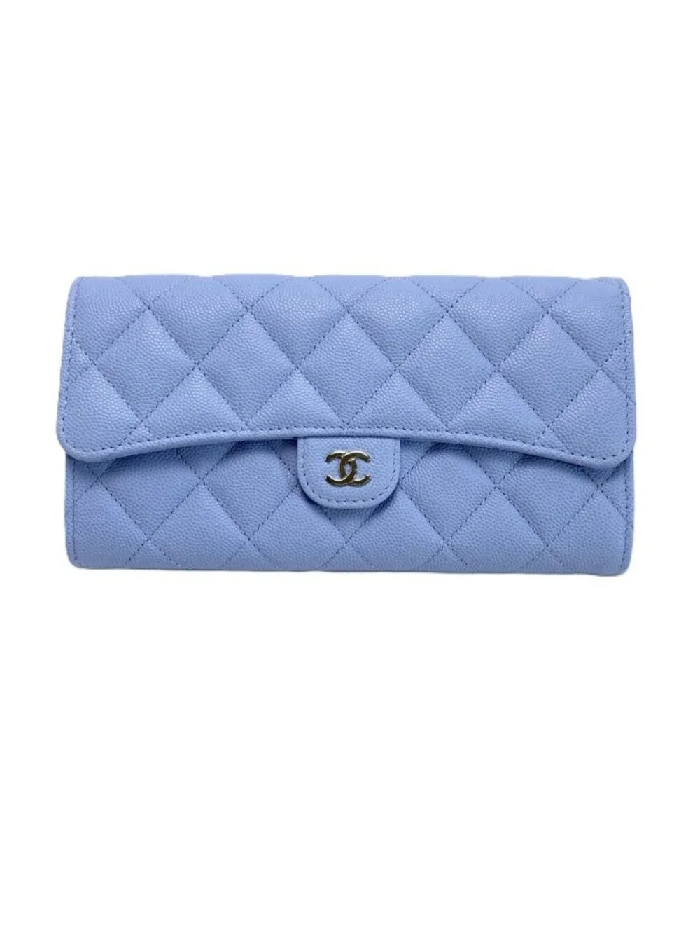 Chanel Wallet Long Flap Quilted Caviar Leather Blue Silver